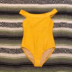 Yellow ribbed one piece swim suit